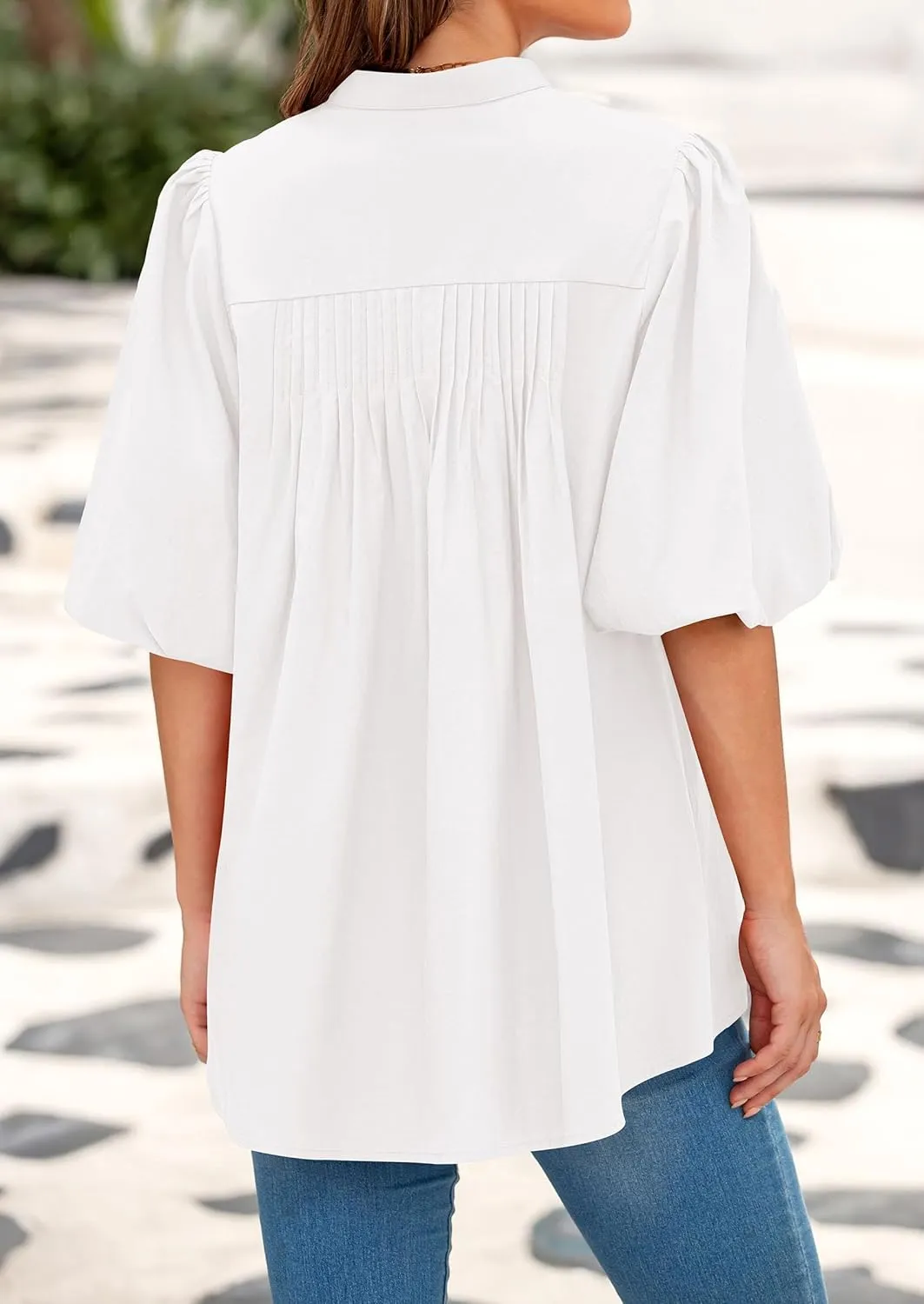 PRETTYGARDEN Women's 2025 Summer Short Lantern Sleeve Tops Loose Fit Button Down Shirt Casual Pleated V Neck Blouses