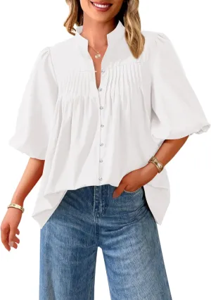 PRETTYGARDEN Women's 2025 Summer Short Lantern Sleeve Tops Loose Fit Button Down Shirt Casual Pleated V Neck Blouses