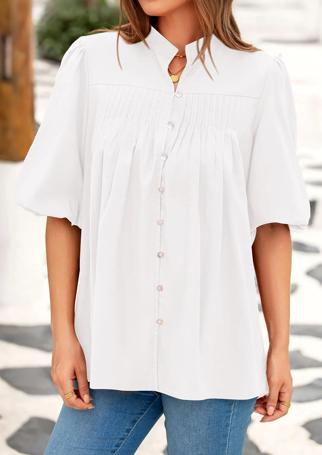 PRETTYGARDEN Women's 2025 Summer Short Lantern Sleeve Tops Loose Fit Button Down Shirt Casual Pleated V Neck Blouses
