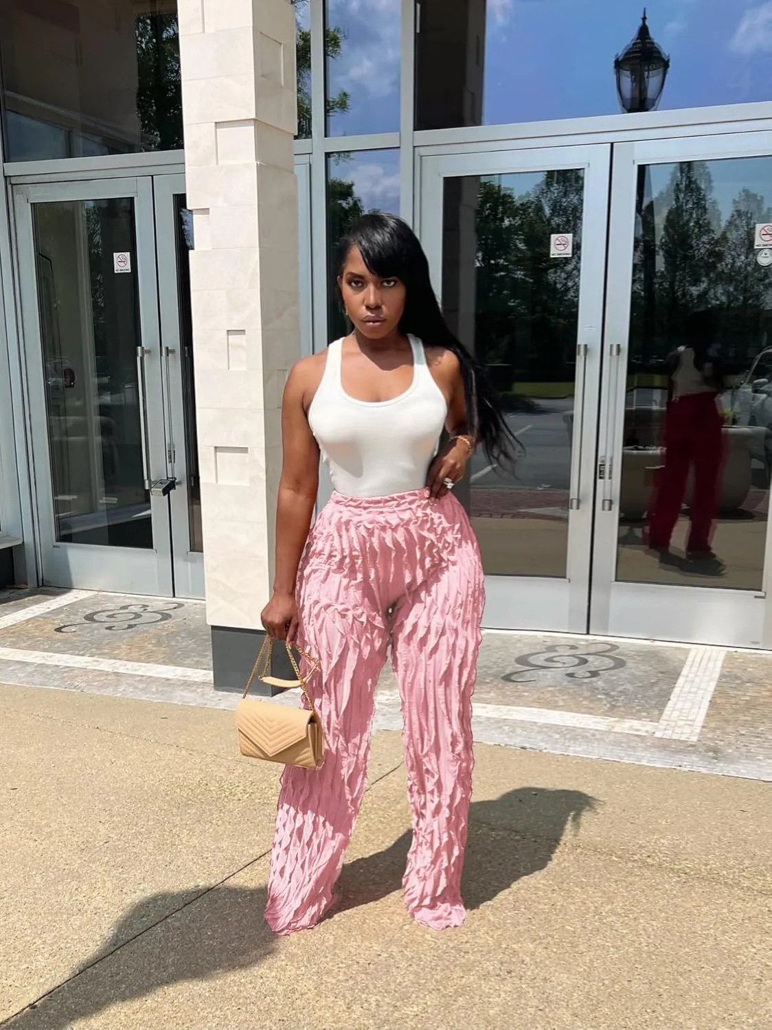 PRIVIMIX Women High Waist Sexy See Through Ruffle Wide Leg Palazzo Pants Stretchy Tassel Long Sheer Mesh Trousers