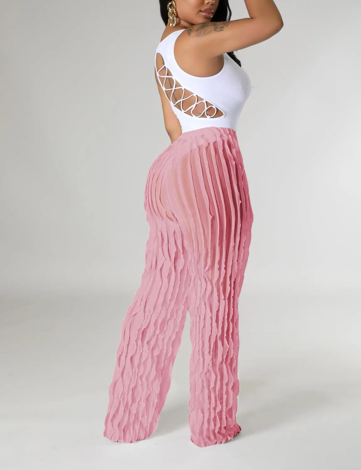 PRIVIMIX Women High Waist Sexy See Through Ruffle Wide Leg Palazzo Pants Stretchy Tassel Long Sheer Mesh Trousers