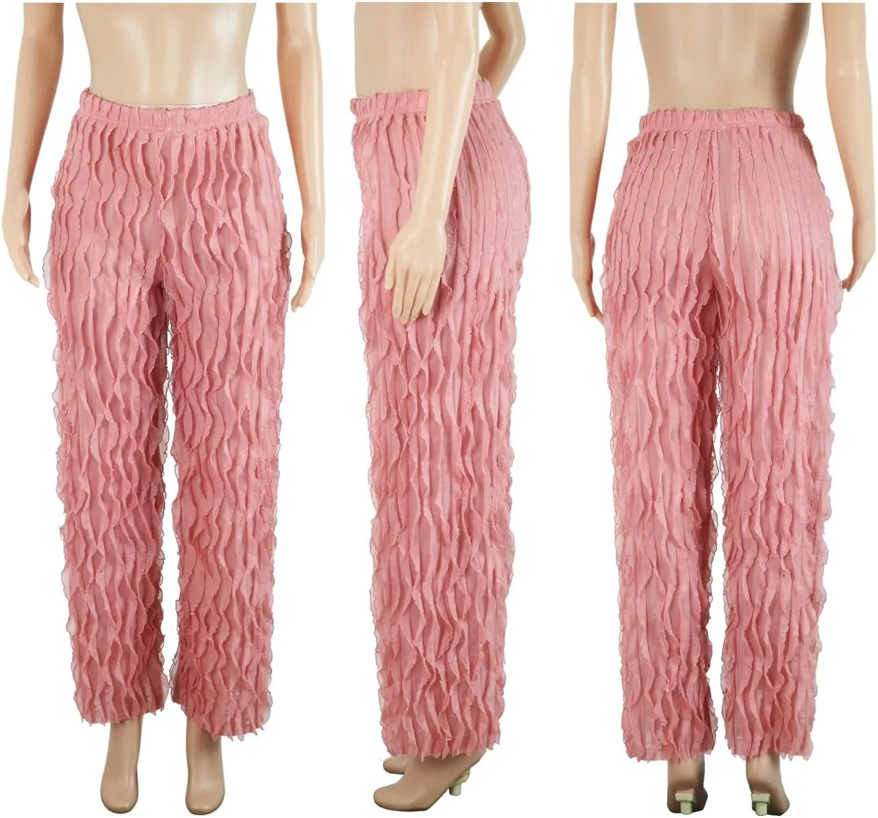 PRIVIMIX Women High Waist Sexy See Through Ruffle Wide Leg Palazzo Pants Stretchy Tassel Long Sheer Mesh Trousers