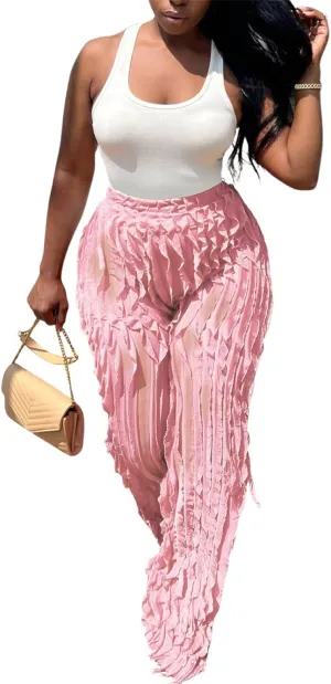 PRIVIMIX Women High Waist Sexy See Through Ruffle Wide Leg Palazzo Pants Stretchy Tassel Long Sheer Mesh Trousers