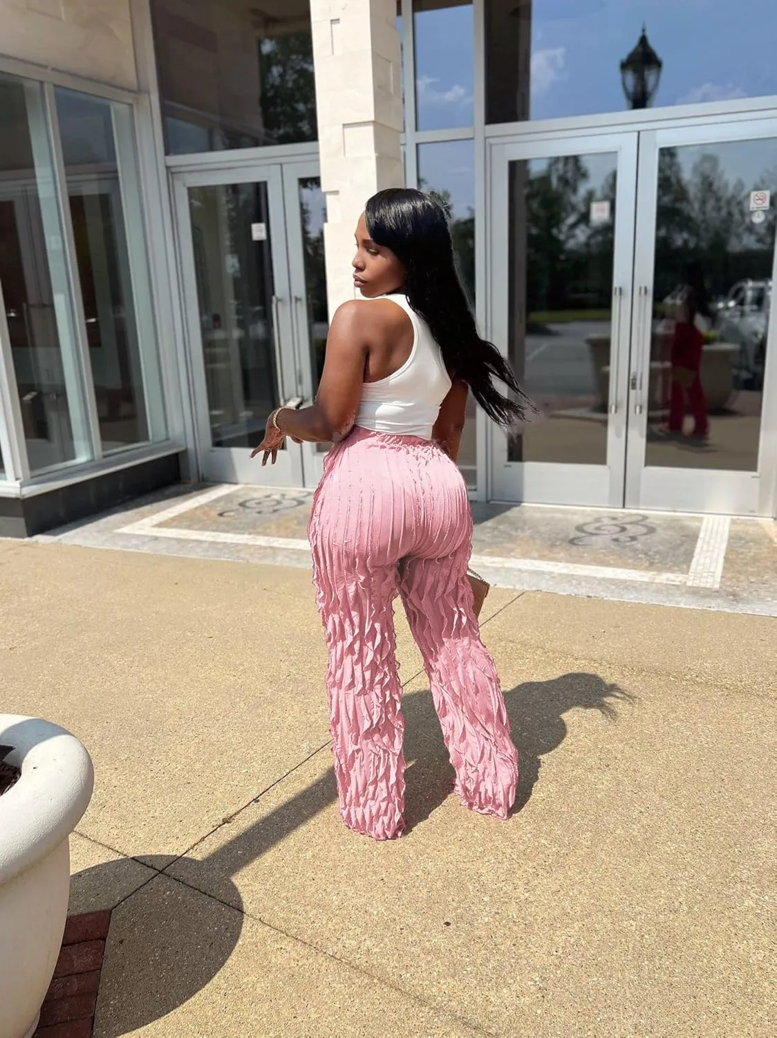 PRIVIMIX Women High Waist Sexy See Through Ruffle Wide Leg Palazzo Pants Stretchy Tassel Long Sheer Mesh Trousers