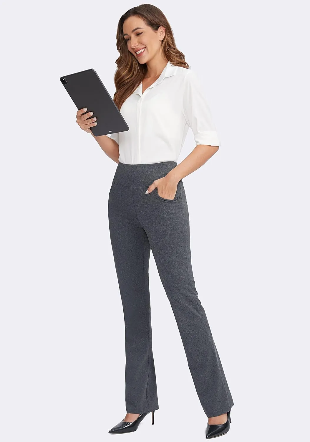 Rammus Womens High Waist Yoga Dress Pants with Pockets Stretch Work Pants for Women Bootcut Leg Slacks for Office Casual