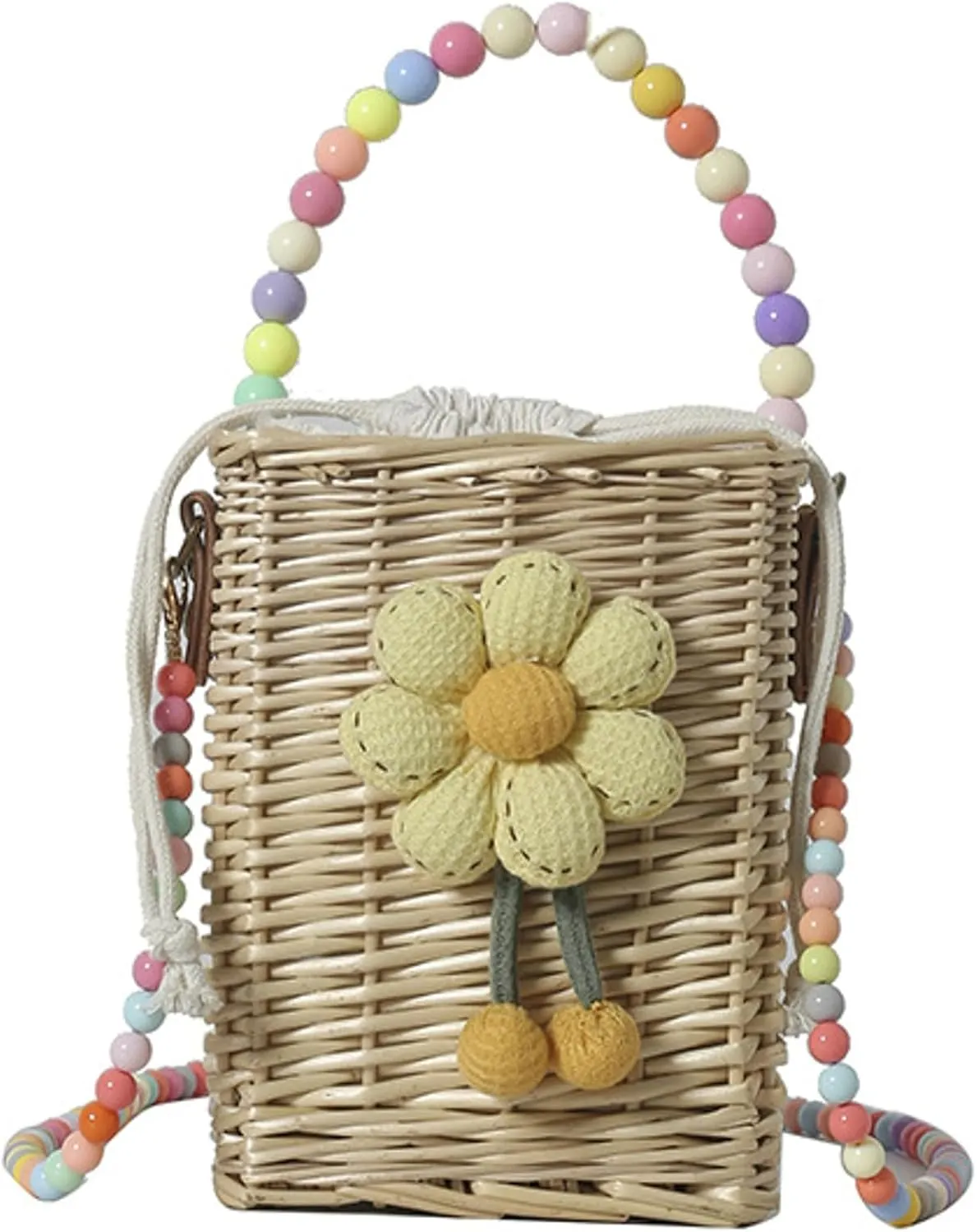 Rattan Crossbody Handbag Colorful Beaded Satchel Shoulder Straw Bucket Bag Basket Bag