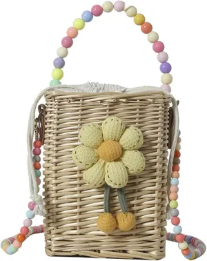 Rattan Crossbody Handbag Colorful Beaded Satchel Shoulder Straw Bucket Bag Basket Bag