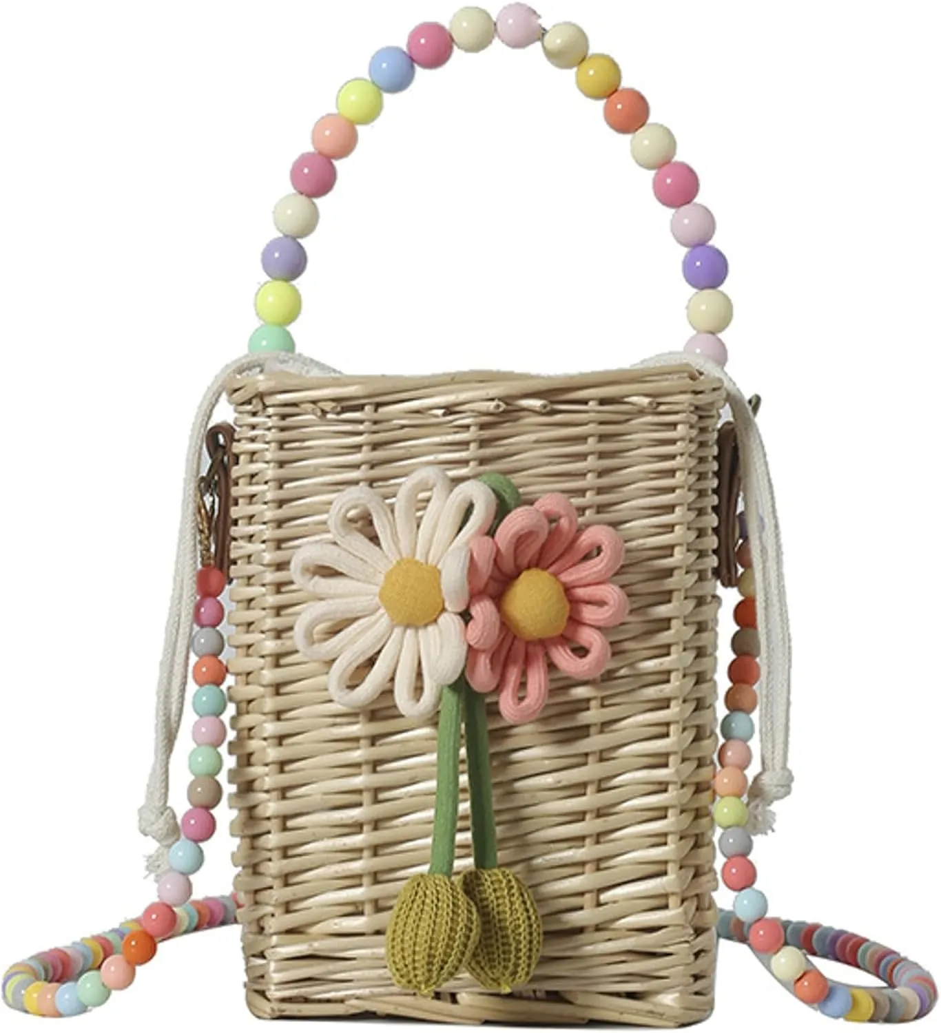 Rattan Crossbody Handbag Colorful Beaded Satchel Shoulder Straw Bucket Bag Basket Bag