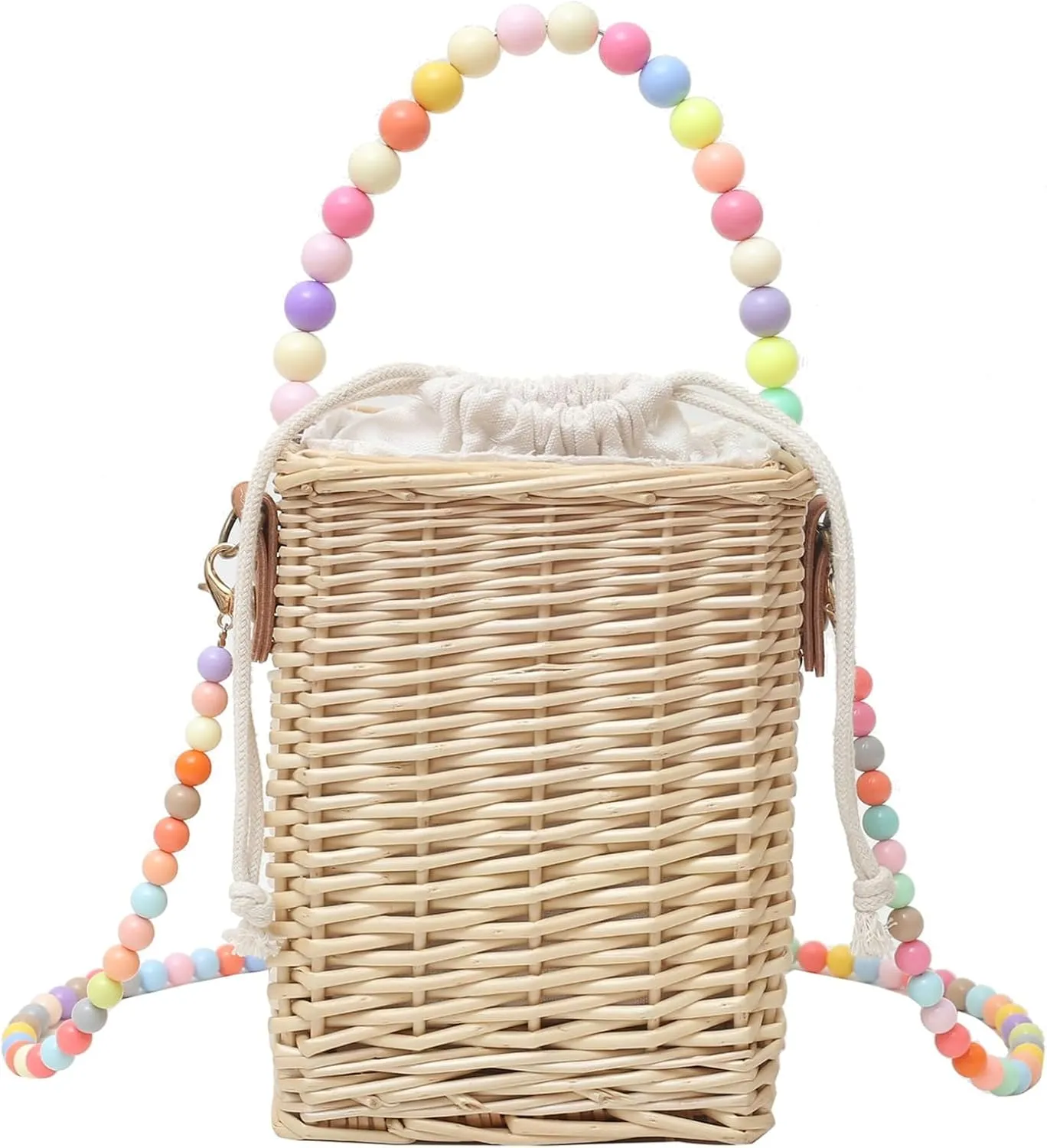 Rattan Crossbody Handbag Colorful Beaded Satchel Shoulder Straw Bucket Bag Basket Bag