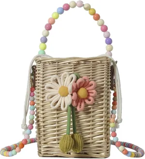 Rattan Crossbody Handbag Colorful Beaded Satchel Shoulder Straw Bucket Bag Basket Bag