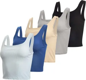 Real Essentials 5 Pack: Women's Soft Knit Ribbed Square Neck Cropped Tank Top - Sleeveless Crop Tops