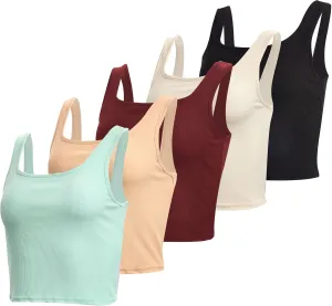 Real Essentials 5 Pack: Women's Soft Knit Ribbed Square Neck Cropped Tank Top - Sleeveless Crop Tops