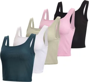 Real Essentials 5 Pack: Women's Soft Knit Ribbed Square Neck Cropped Tank Top - Sleeveless Crop Tops