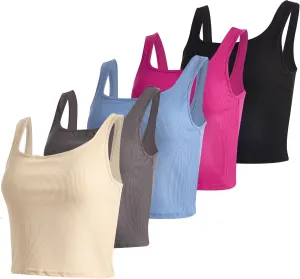 Real Essentials 5 Pack: Women's Soft Knit Ribbed Square Neck Cropped Tank Top - Sleeveless Crop Tops