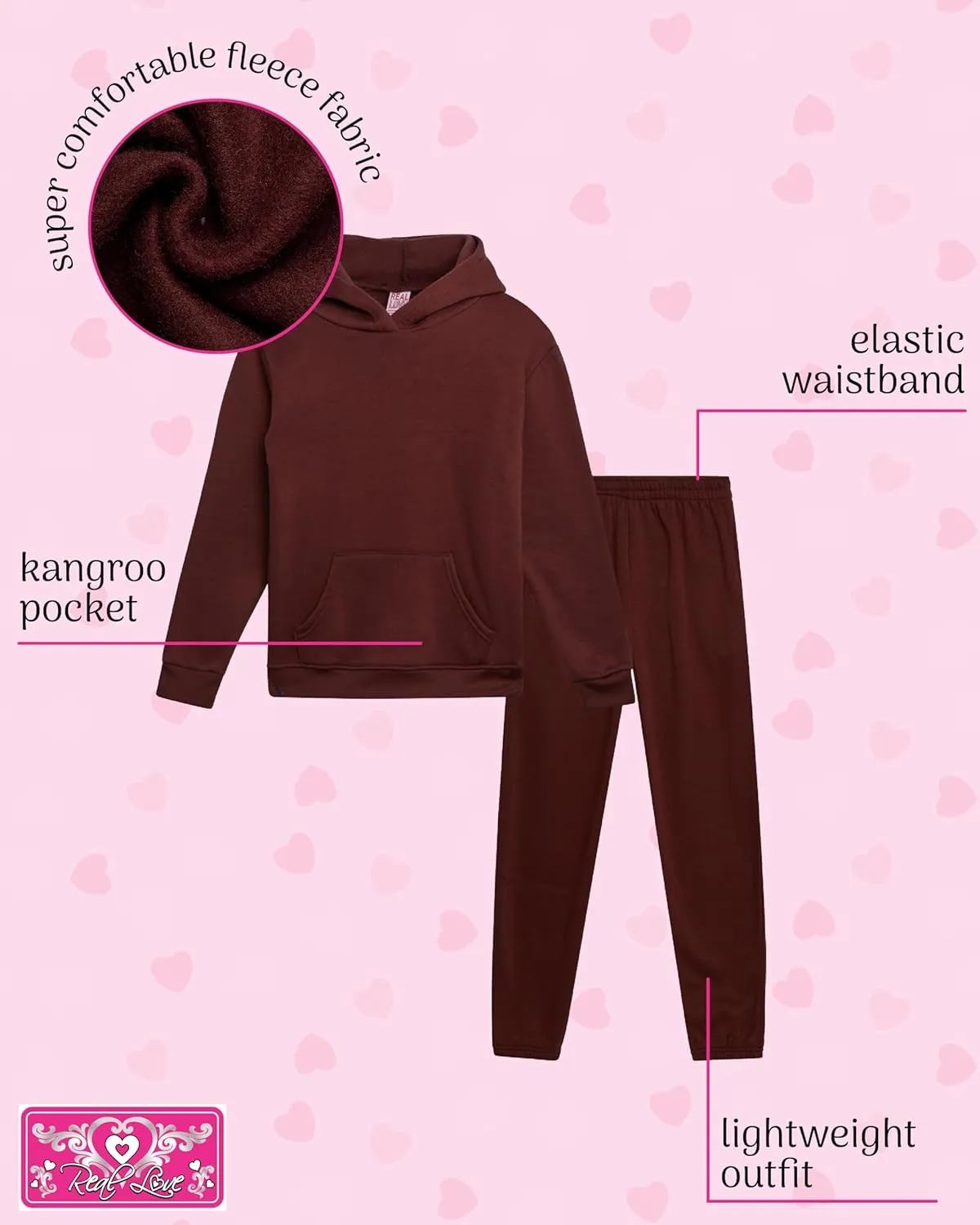 Real Love Girls' Jogger Set - 2 Piece Basic Fleece Pullover Hoodie and Sweatpants (7-16)