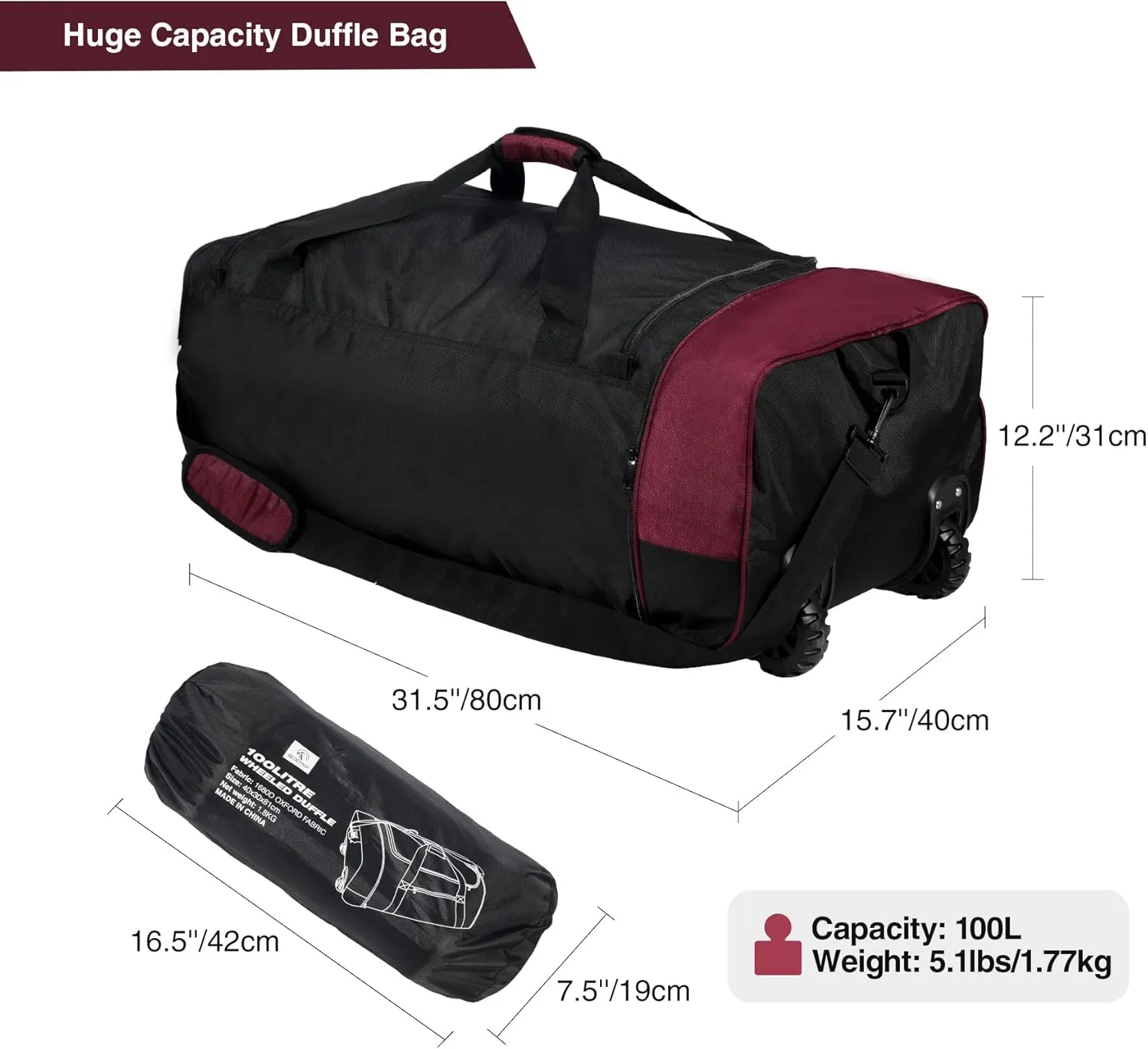 REDCAMP 85L/120L/140L Foldable Duffle Bag with Wheels, Large Travel Duffel Bag