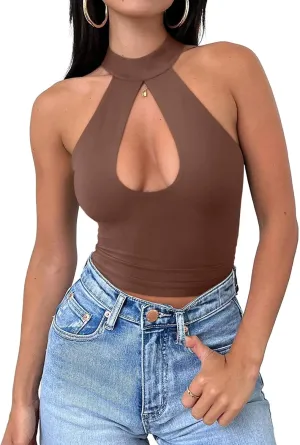 REORIA Women's Sexy Criss Cross Halter Neck Crop Tops Trendy Sleeveless Y2K Nightout Clubwear Going Out Tops
