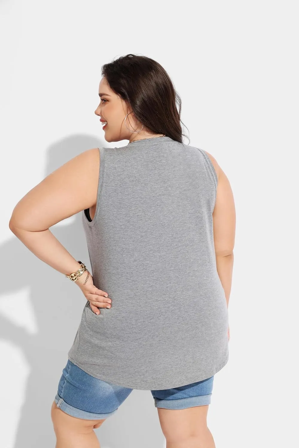 RITERA Plus Size Tank Tops for Women V/Round Neck Summer Sleeveless Basic Pleated Shirt Keyhole Tank XL-5XL