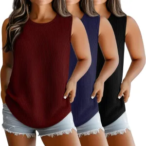 Riyiper 3 Pack Women's Plus Size Tank Tops, Waffle Knit Crew Neck Sleeveless Shirts Summer Casual Loose Curved Hem Tunic Tops
