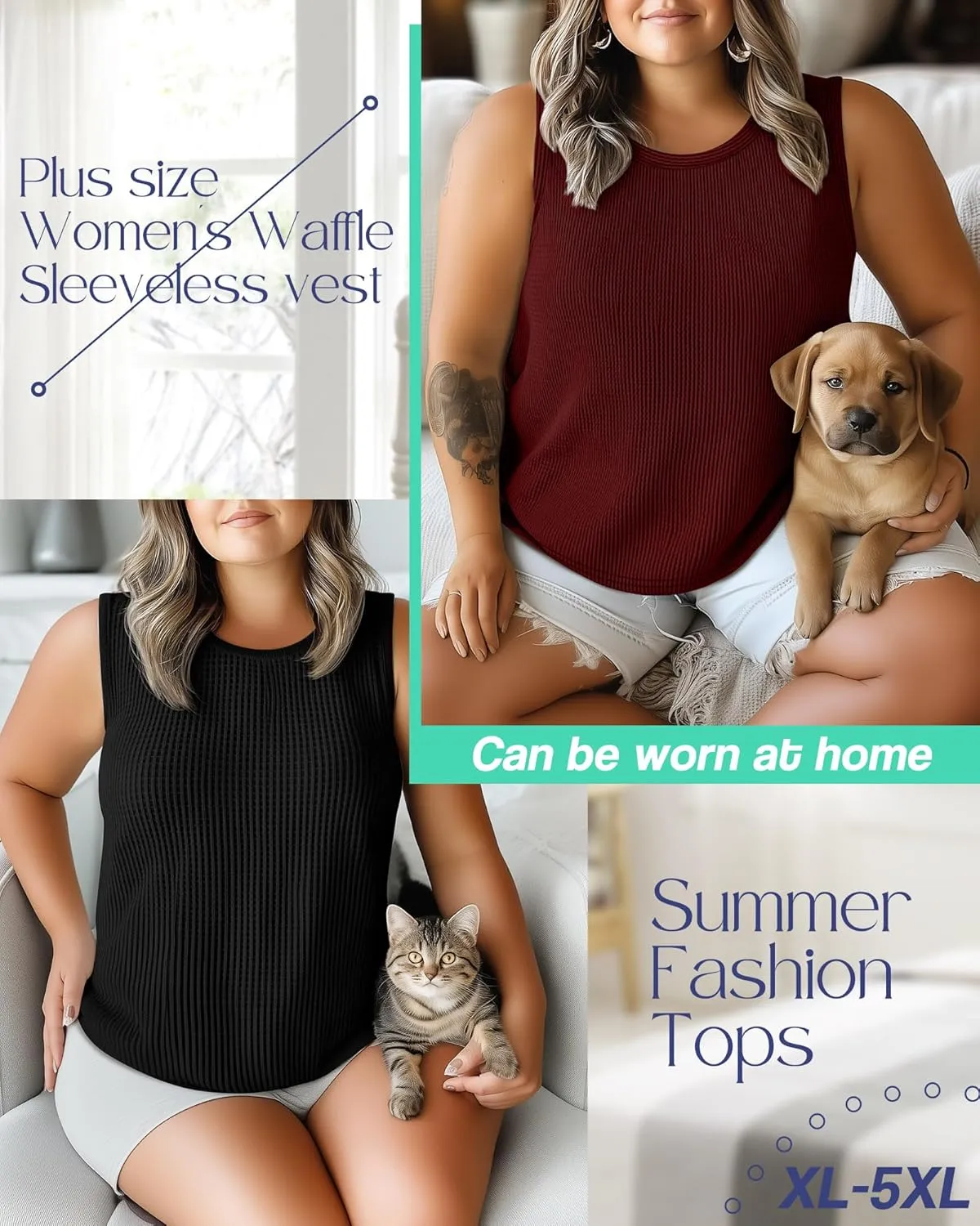 Riyiper 3 Pack Women's Plus Size Tank Tops, Waffle Knit Crew Neck Sleeveless Shirts Summer Casual Loose Curved Hem Tunic Tops