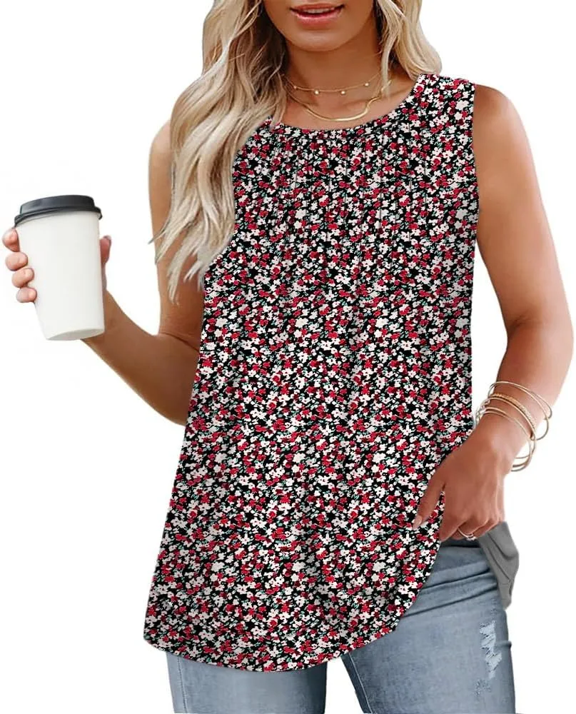 ROSRISS Women's Plus Size Sleeveless Pleated Shirts Dressy Loose Fit Tops Summer Casual Crew Neck Tank Tops XL-5XL