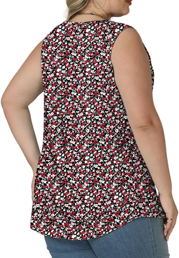 ROSRISS Women's Plus Size Sleeveless Pleated Shirts Dressy Loose Fit Tops Summer Casual Crew Neck Tank Tops XL-5XL