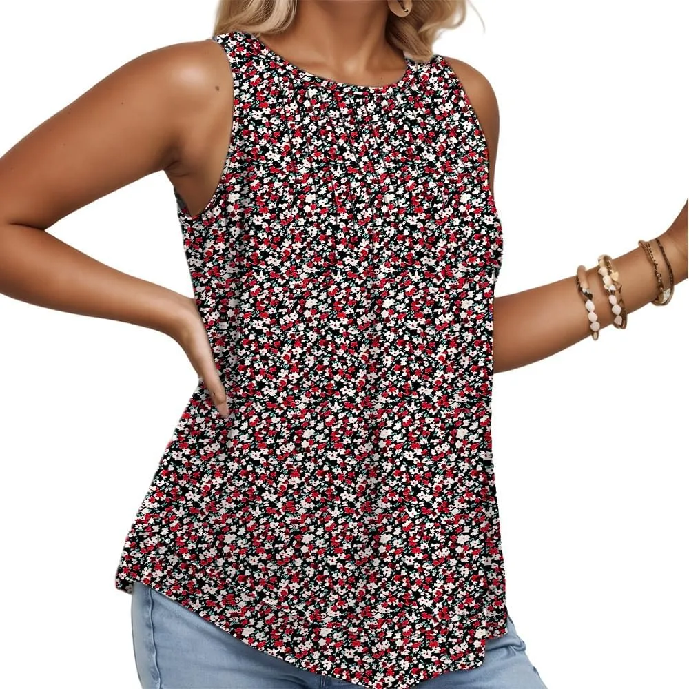 ROSRISS Women's Plus Size Sleeveless Pleated Shirts Dressy Loose Fit Tops Summer Casual Crew Neck Tank Tops XL-5XL