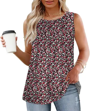 ROSRISS Women's Plus Size Sleeveless Pleated Shirts Dressy Loose Fit Tops Summer Casual Crew Neck Tank Tops XL-5XL