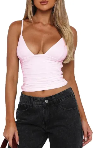 RUEWEY Women's Ruched Crop Cami Tops Sleeveless Spaghetti Strap Low Cut Camisole Summer Going Out Tank Tops