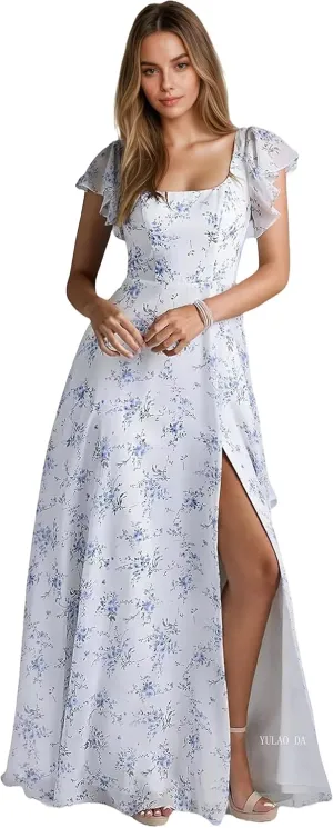 Ruffle Sleeve Bridesmaid Dress with Slit Square Neck Cocktail Dresses Chiffon Black Ball Gown for Women