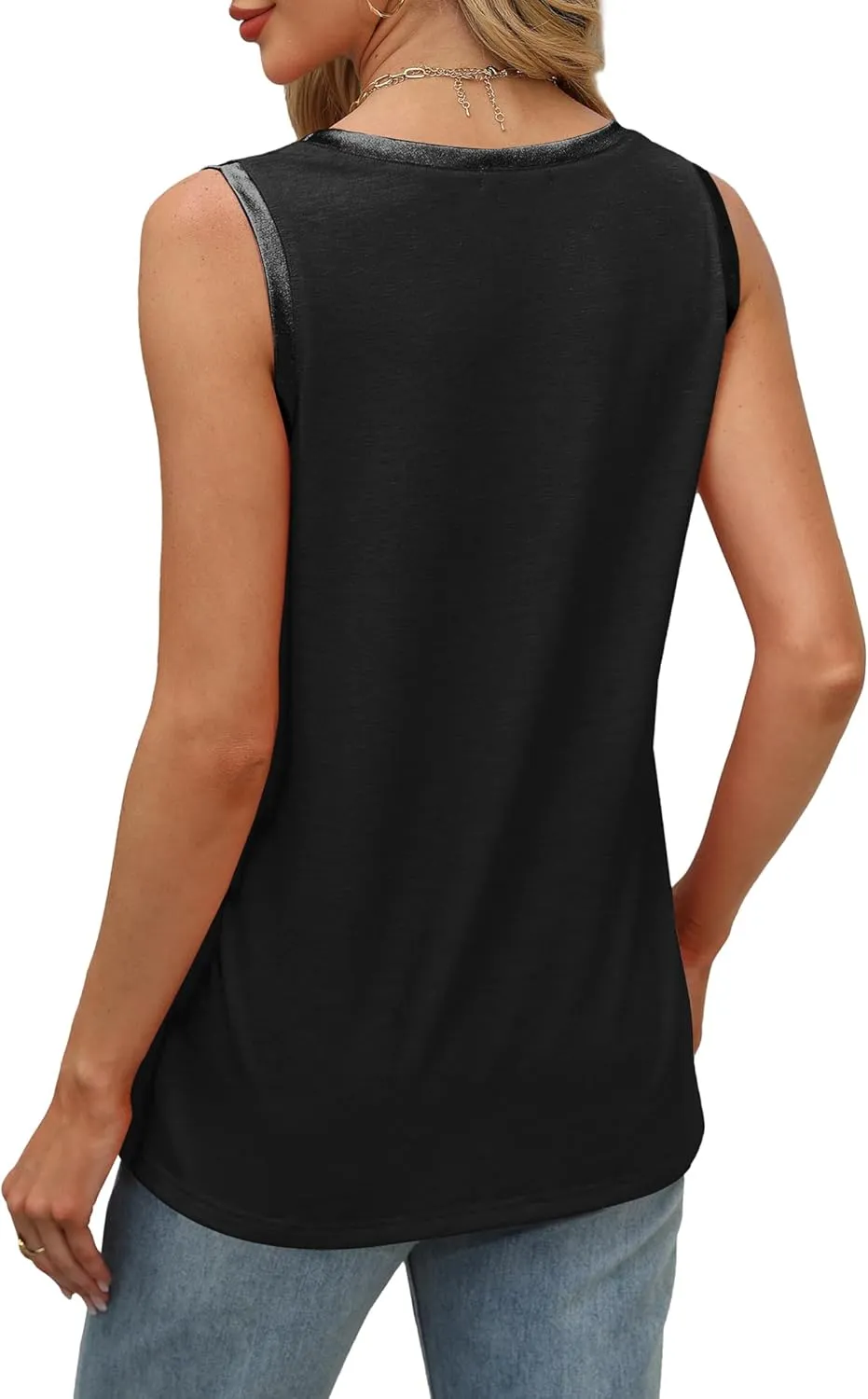 SAMPEEL Tank Tops for Women Summer Trendy V Neck Tops Shiny Trim Loose Fit Casual Sleeveless Shirts Fashion 2025