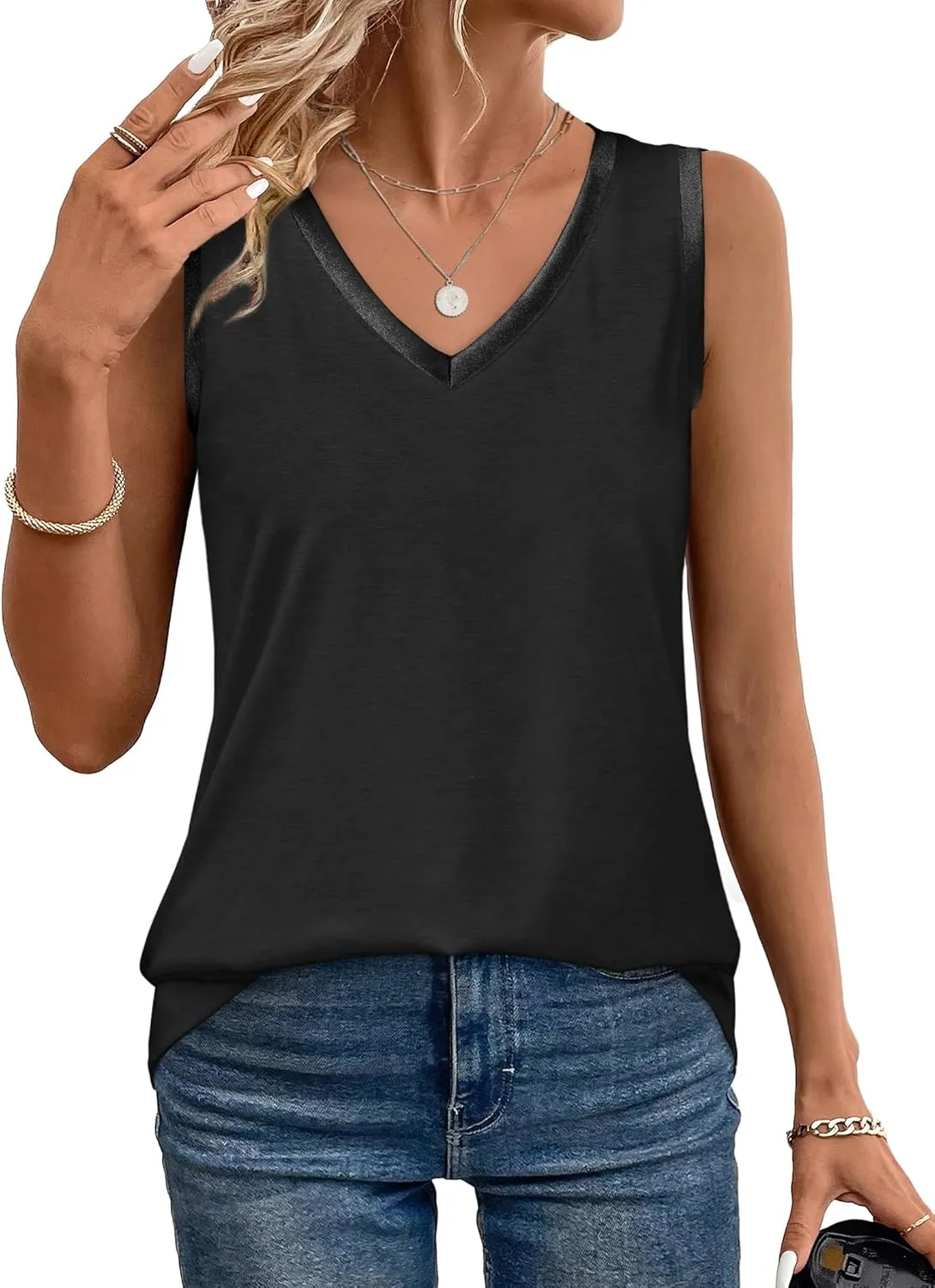 SAMPEEL Tank Tops for Women Summer Trendy V Neck Tops Shiny Trim Loose Fit Casual Sleeveless Shirts Fashion 2025