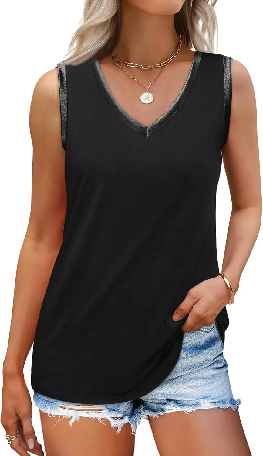 SAMPEEL Tank Tops for Women Summer Trendy V Neck Tops Shiny Trim Loose Fit Casual Sleeveless Shirts Fashion 2025