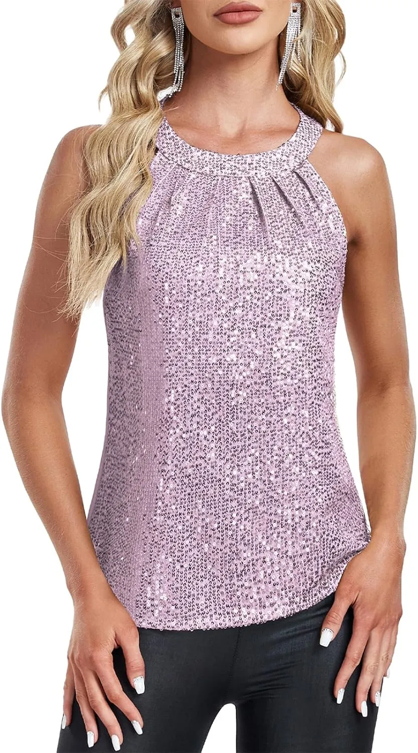 Sequin Tops for Women Sparkly Tops Sleeveless Halter Tank Concert Outfits Party Club Cocktail Vest Disco Clothes