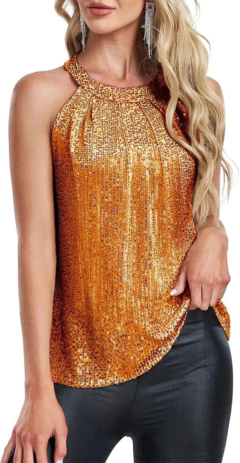 Sequin Tops for Women Sparkly Tops Sleeveless Halter Tank Concert Outfits Party Club Cocktail Vest Disco Clothes
