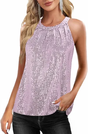 Sequin Tops for Women Sparkly Tops Sleeveless Halter Tank Concert Outfits Party Club Cocktail Vest Disco Clothes