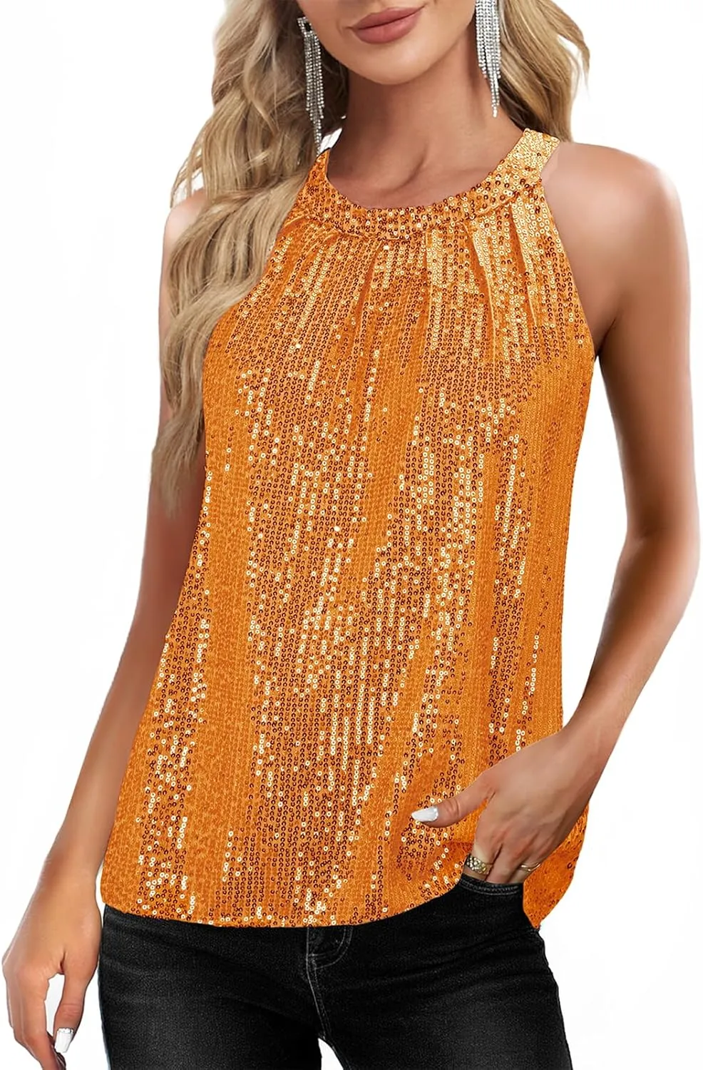 Sequin Tops for Women Sparkly Tops Sleeveless Halter Tank Concert Outfits Party Club Cocktail Vest Disco Clothes