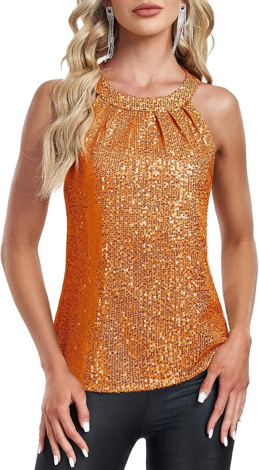 Sequin Tops for Women Sparkly Tops Sleeveless Halter Tank Concert Outfits Party Club Cocktail Vest Disco Clothes