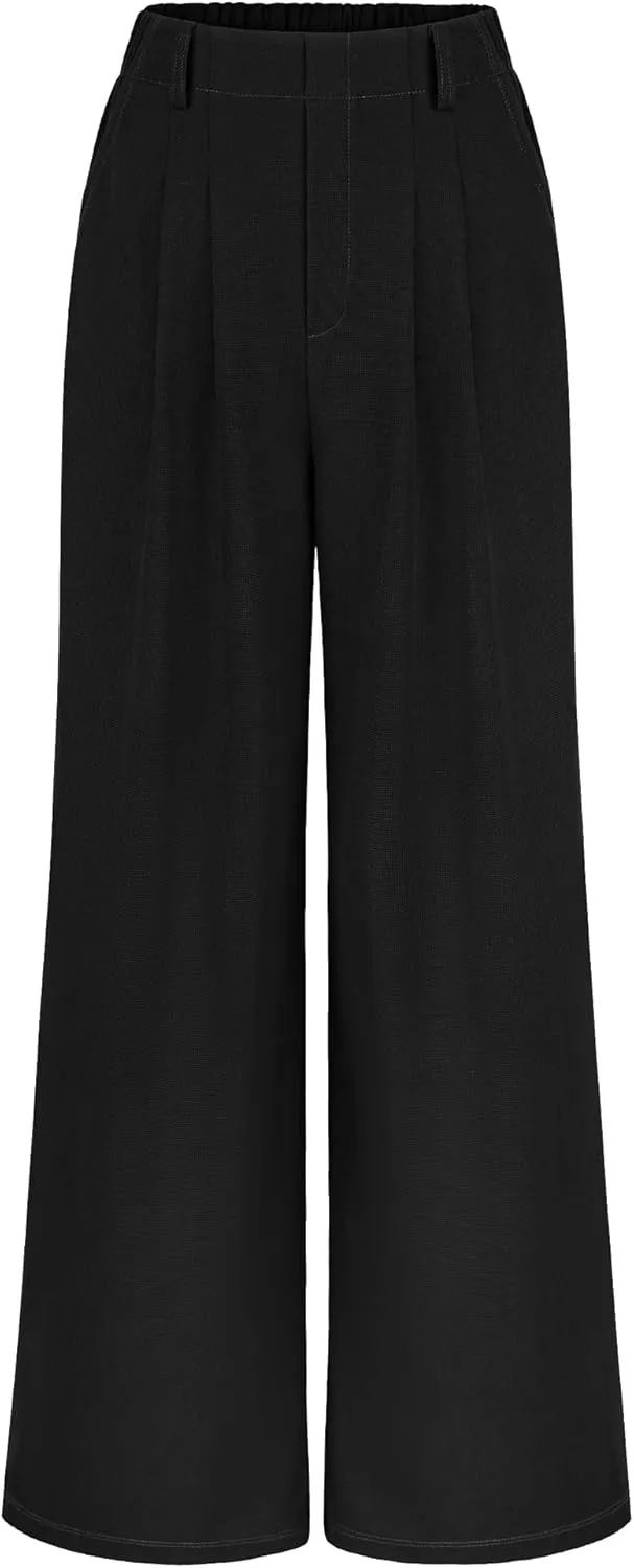 SeSe Code Women's Wide Leg Pants Elastic High Waisted Waffle Knit Casual Slacks Work Business Palazzo Trousers with Pockets