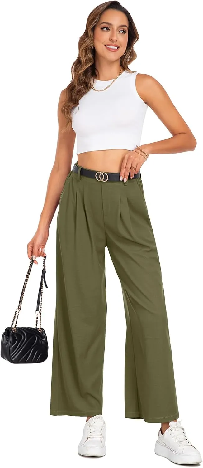 SeSe Code Women's Wide Leg Pants Elastic High Waisted Waffle Knit Casual Slacks Work Business Palazzo Trousers with Pockets