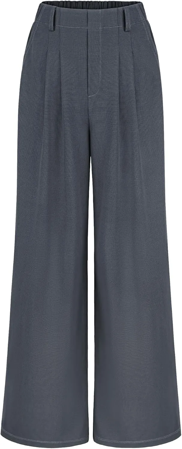 SeSe Code Women's Wide Leg Pants Elastic High Waisted Waffle Knit Casual Slacks Work Business Palazzo Trousers with Pockets