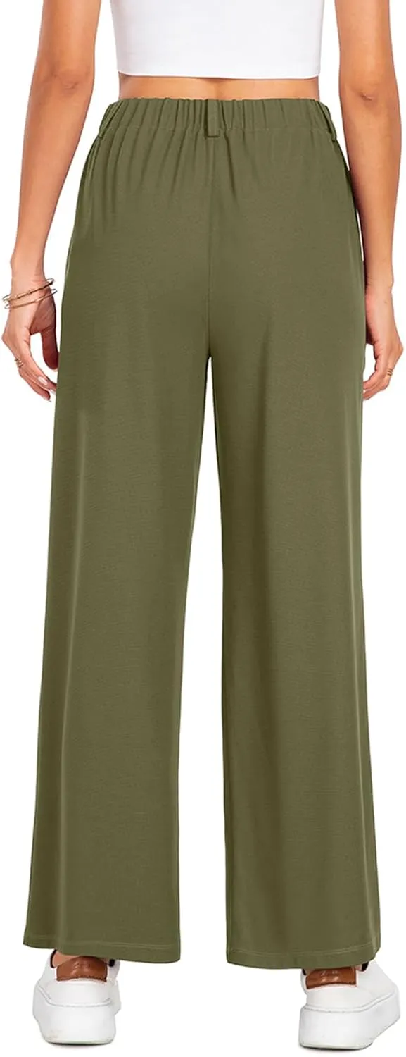 SeSe Code Women's Wide Leg Pants Elastic High Waisted Waffle Knit Casual Slacks Work Business Palazzo Trousers with Pockets