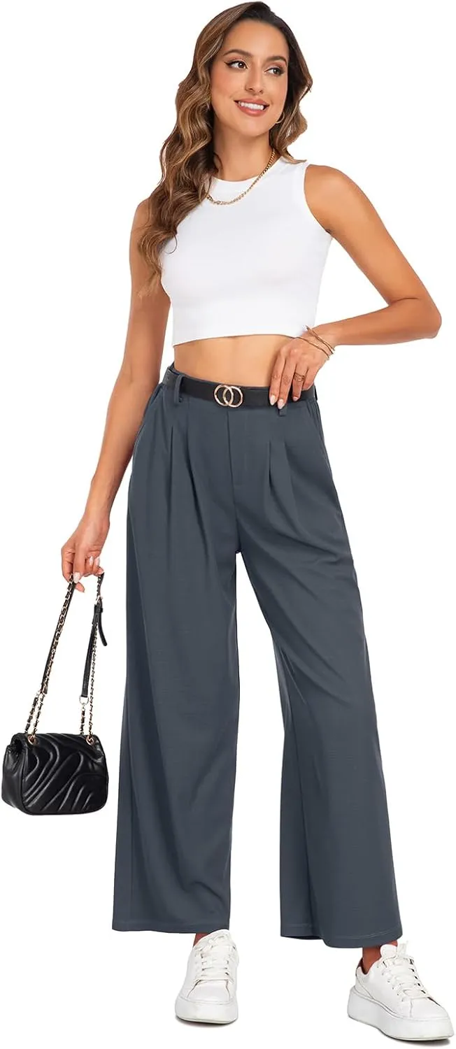 SeSe Code Women's Wide Leg Pants Elastic High Waisted Waffle Knit Casual Slacks Work Business Palazzo Trousers with Pockets
