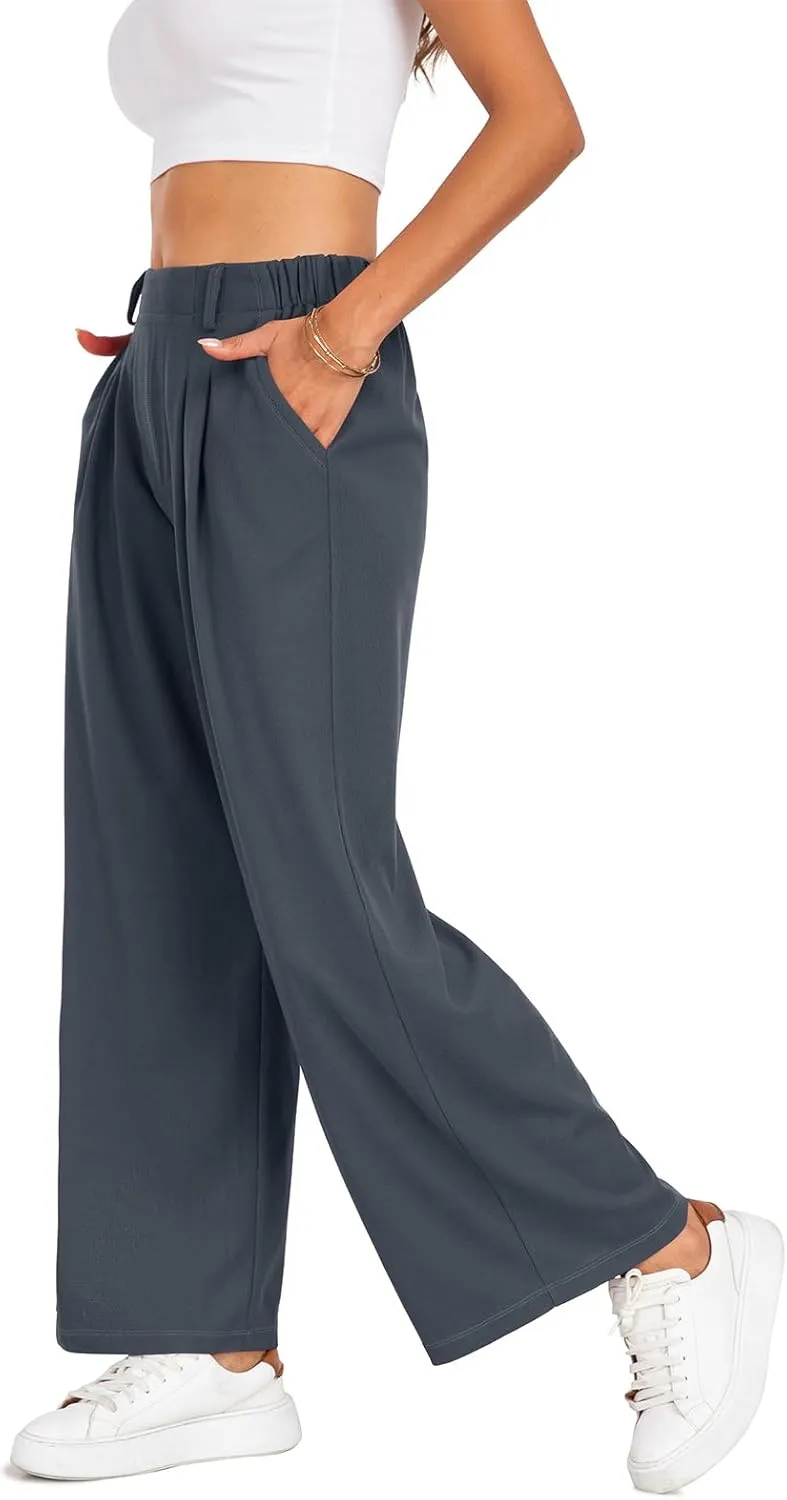 SeSe Code Women's Wide Leg Pants Elastic High Waisted Waffle Knit Casual Slacks Work Business Palazzo Trousers with Pockets