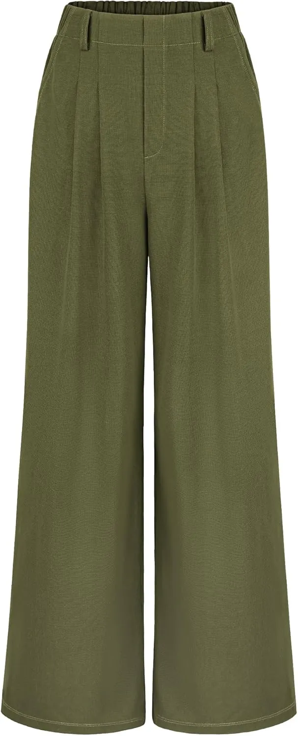 SeSe Code Women's Wide Leg Pants Elastic High Waisted Waffle Knit Casual Slacks Work Business Palazzo Trousers with Pockets