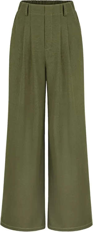 SeSe Code Women's Wide Leg Pants Elastic High Waisted Waffle Knit Casual Slacks Work Business Palazzo Trousers with Pockets