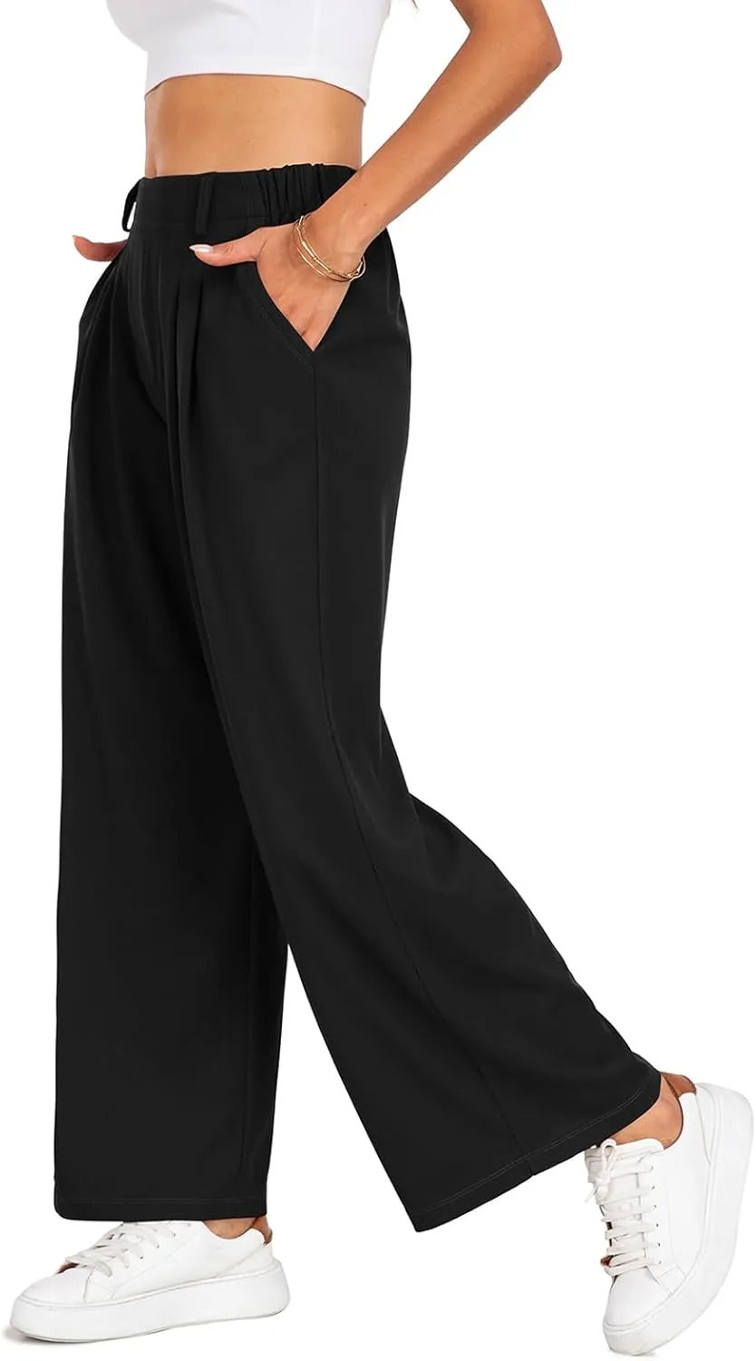 SeSe Code Women's Wide Leg Pants Elastic High Waisted Waffle Knit Casual Slacks Work Business Palazzo Trousers with Pockets