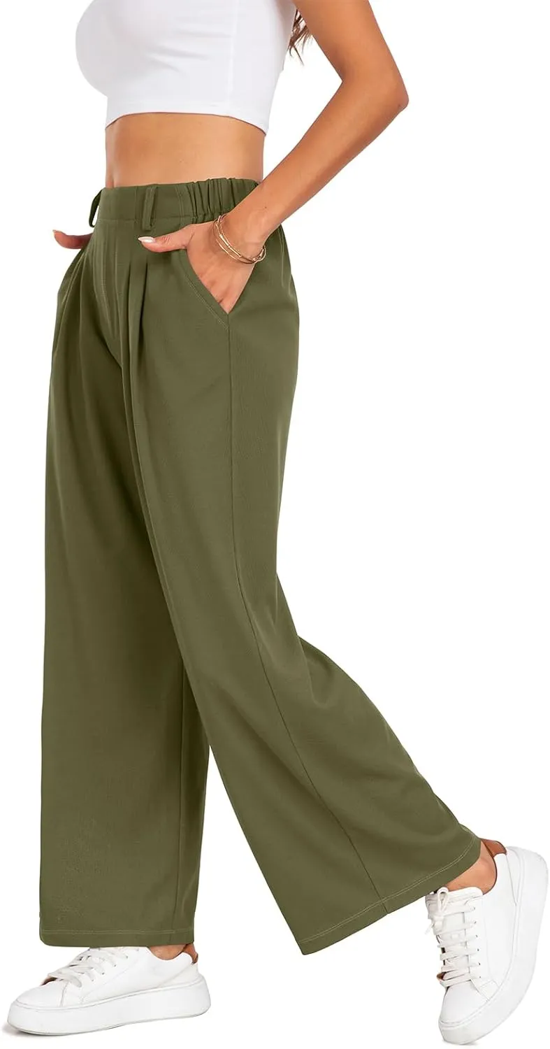 SeSe Code Women's Wide Leg Pants Elastic High Waisted Waffle Knit Casual Slacks Work Business Palazzo Trousers with Pockets