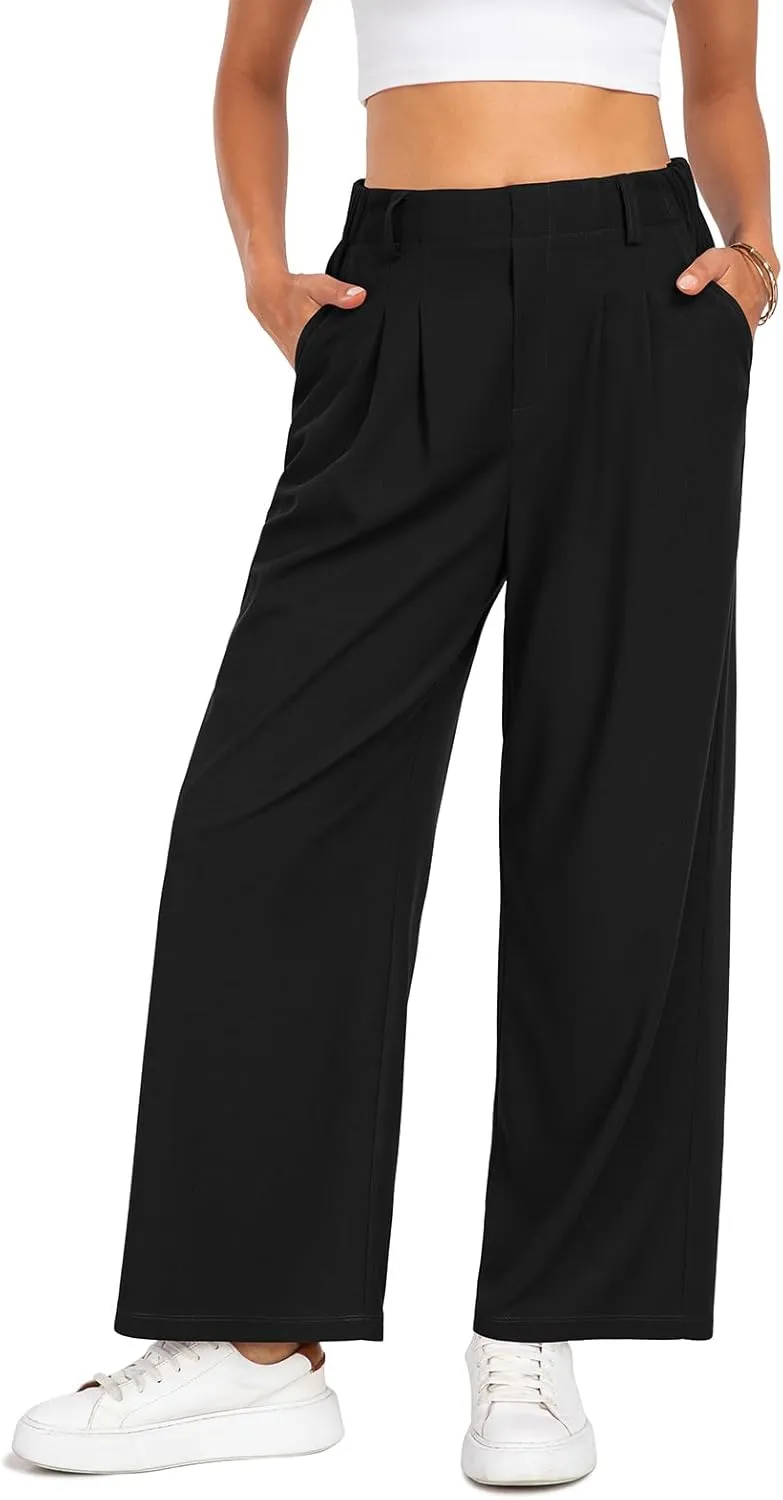 SeSe Code Women's Wide Leg Pants Elastic High Waisted Waffle Knit Casual Slacks Work Business Palazzo Trousers with Pockets