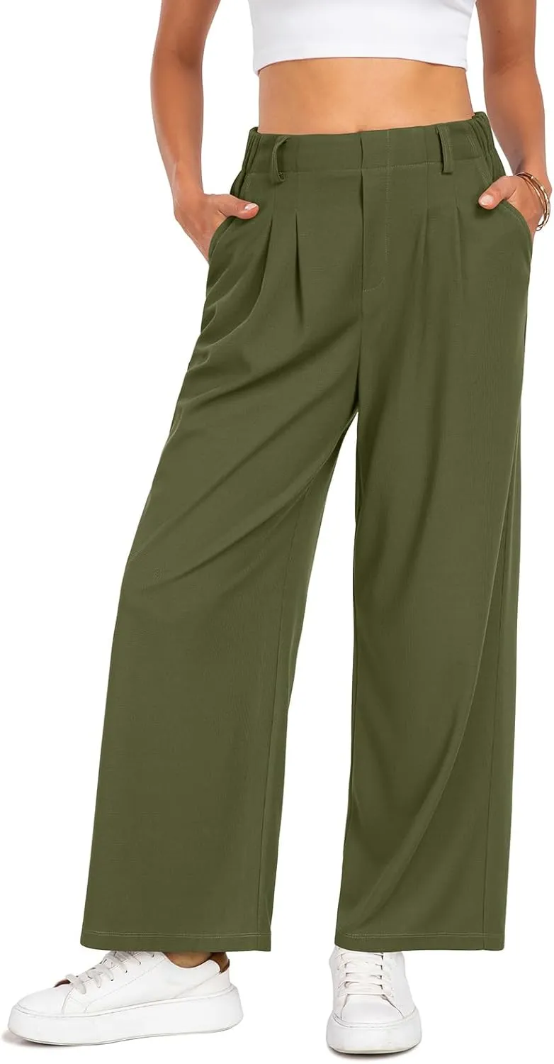 SeSe Code Women's Wide Leg Pants Elastic High Waisted Waffle Knit Casual Slacks Work Business Palazzo Trousers with Pockets
